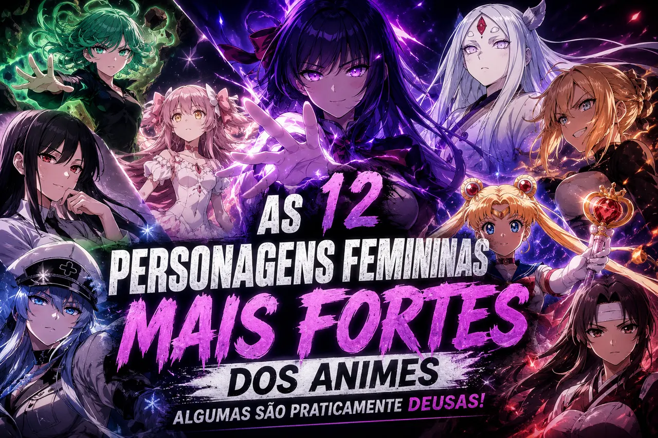 Personagens femininas poderosas dos animes e mangás reunidas em montagem com Madoka, Sailor Moon, Tatsumaki e outras personagens