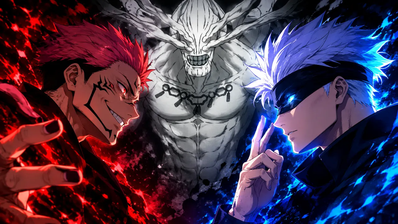 Sukuna e Satoru Gojo frente a frente em Jujutsu Kaisen com Mahoraga ao fundo