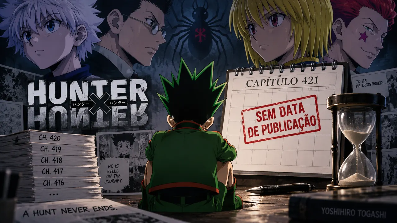 Yoshihiro Togashi e personagens de Hunter x Hunter representando a nova pausa do mangá em 2026