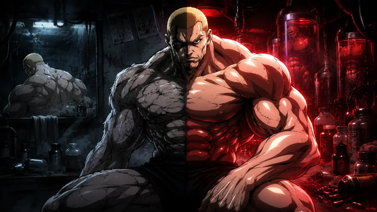 Jack Hanma em destaque com Yujiro Hanma ao fundo, representando sua obsessão por força e a rivalidade em Bak