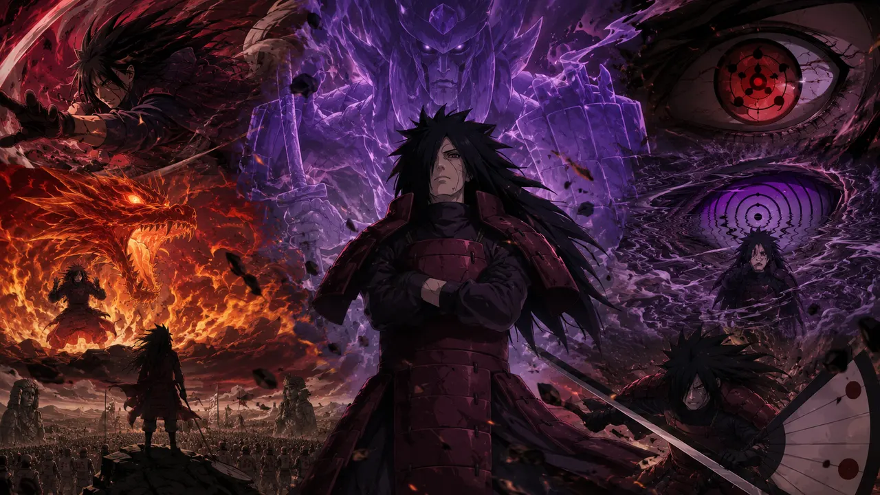 Madara Uchiha em Naruto Shippuden representando seu enorme poder em comparação aos outros Uchihas
