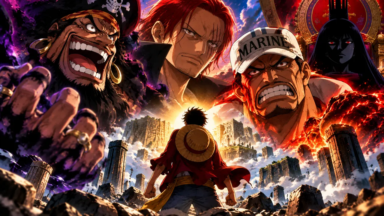 Luffy diante de Barba Negra, Imu, Akainu e Shanks como possíveis adversários finais em One Piece