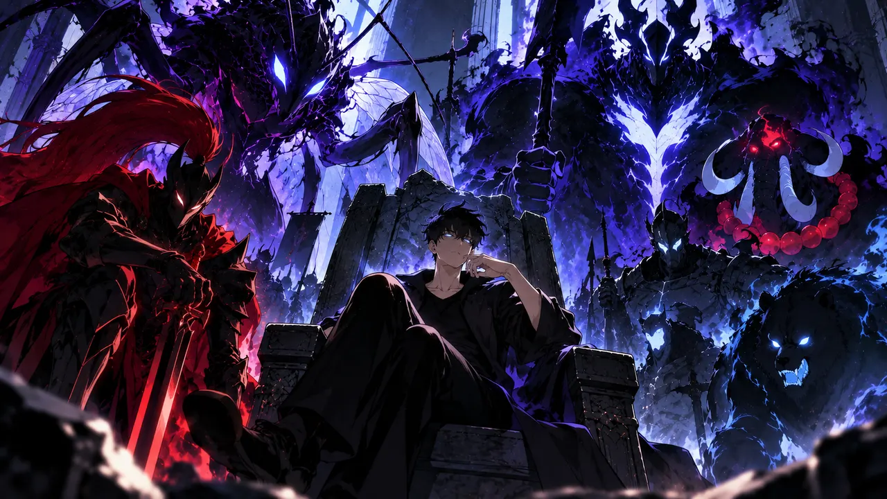 Sung Jin-Woo cercado por Igris, Beru, Bellion e outras sombras de Solo Leveling
