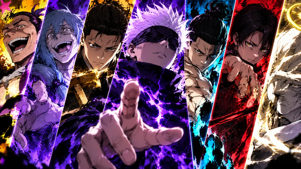 Técnicas perigosas de Jujutsu Kaisen com Gojo, Mahito, Higuruma e Takaba em uma montagem de habilidades amaldiçoadas