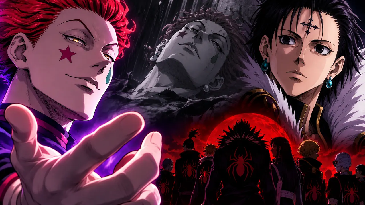 Hisoka Morow e Chrollo Lucilfer de Hunter x Hunter em confronto, representando a derrota, a ressurreição de Hisoka e sua vingança contra a Trupe Fantasma.