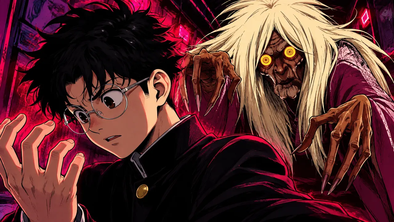 Okarun de Dandadan ao lado da Vovó Turbo, representando a perda de seus poderes sobrenaturais após os acontecimentos do mangá.