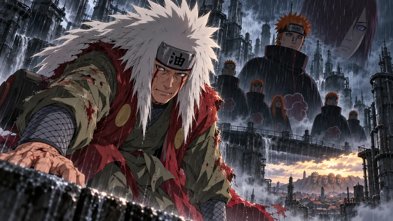 Jiraiya de Naruto Shippuden em uma representação alternativa de sua sobrevivência à batalha contra os Seis Caminhos de Pain em Amegakure.